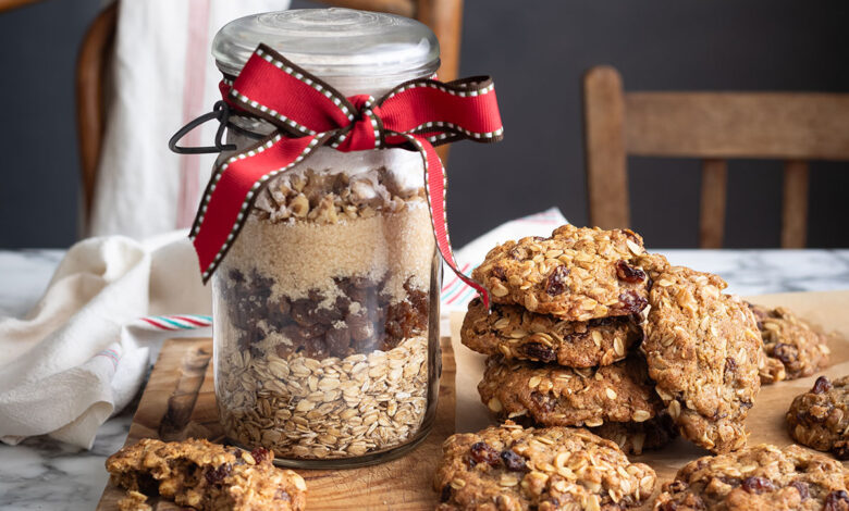 Soft & Chewy Oatmeal Raisin Cookies and a gift jar of the cookie mix