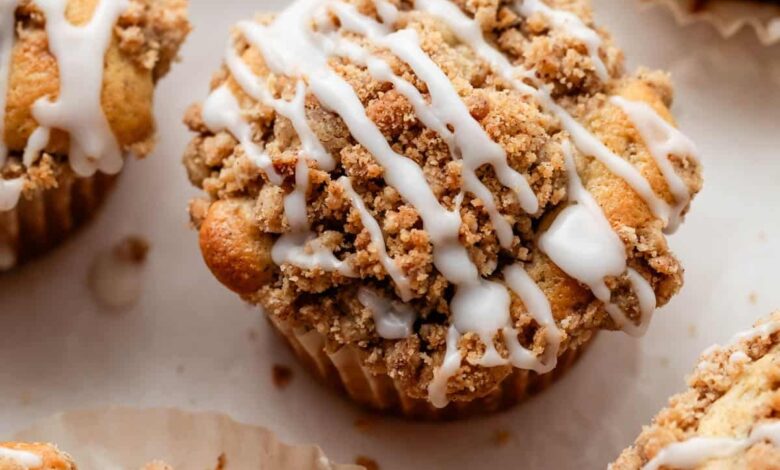 crumb cake muffin with icing.