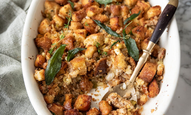 Easy Pork Sausage & Sage Stuffing Casserole Recipe with brown butter sage