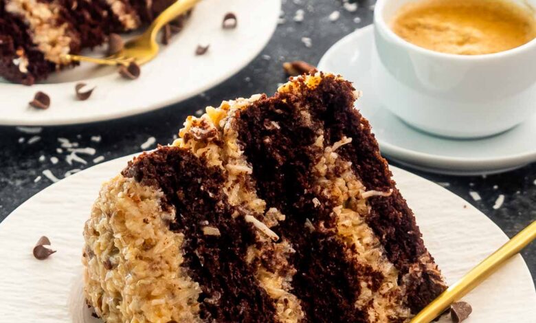 a slice of german chocolate cake slice on a white plate.