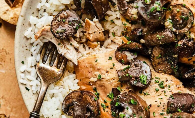 chicken digging into chicken and rice with creamy mushroom sauce